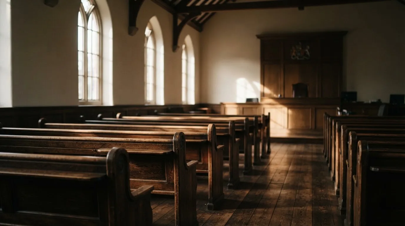 An empty courtroom with wooden benches in morning light