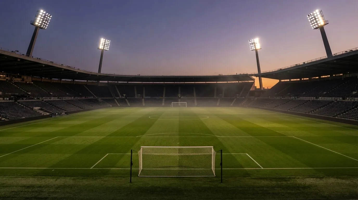An empty football stadium with floodlight masts at dusk