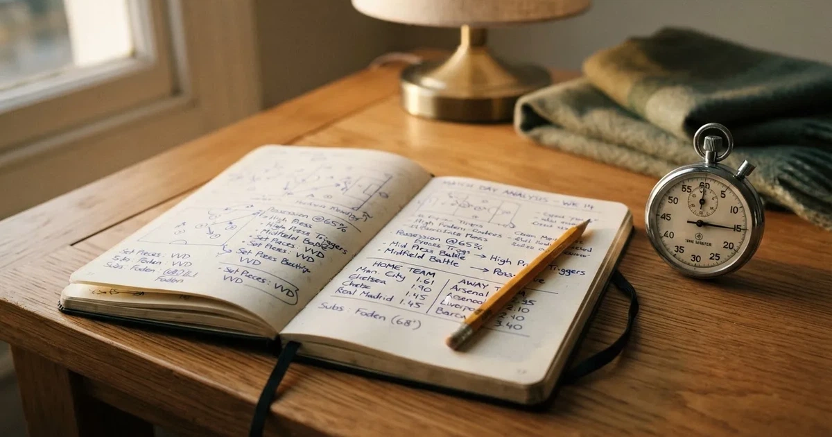 An open notebook with a pencil and a stopwatch on a wooden table