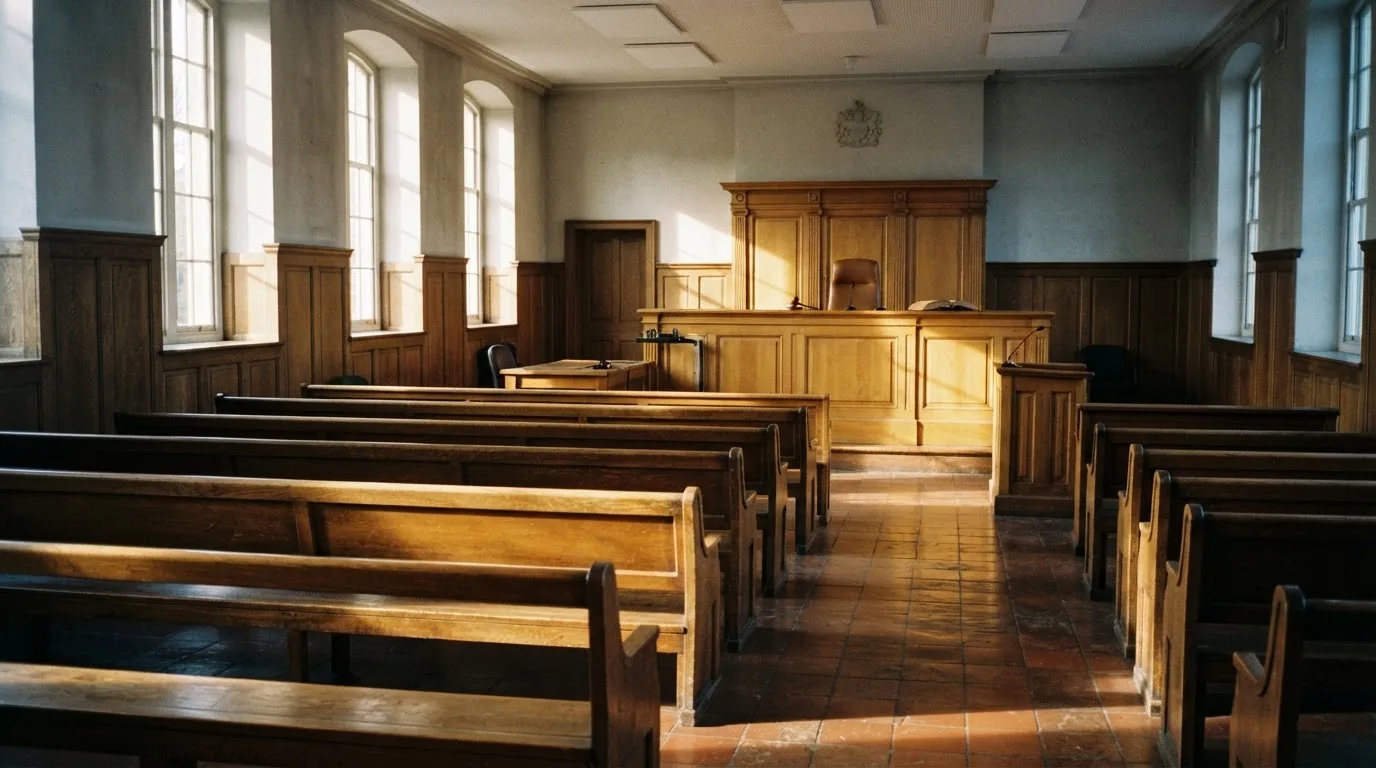 An empty courtroom with wooden benches in morning light