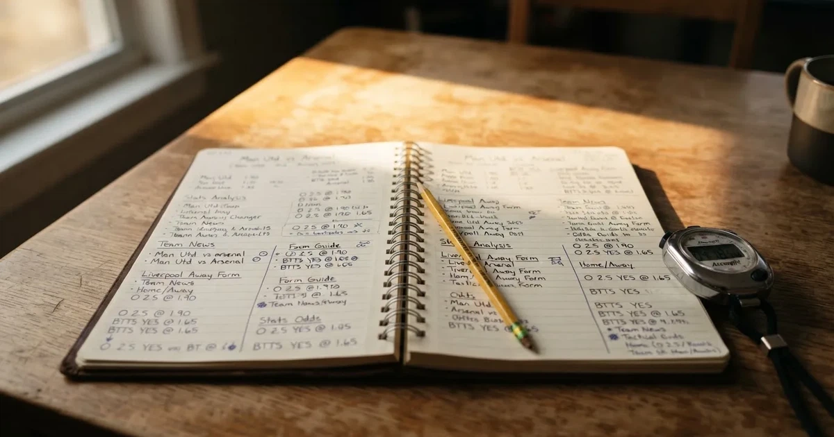 An open notebook with a pencil and a stopwatch on a wooden table