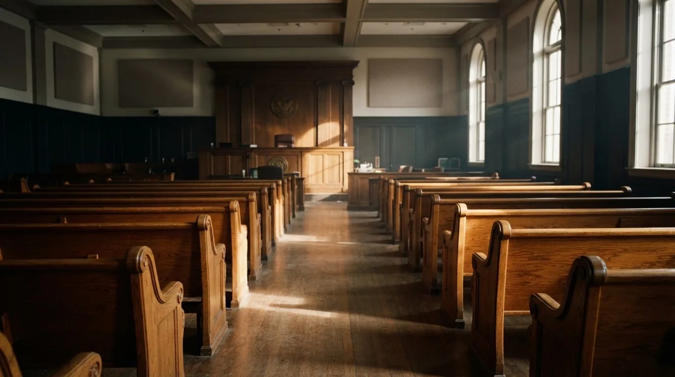 An empty courtroom with wooden benches in morning light