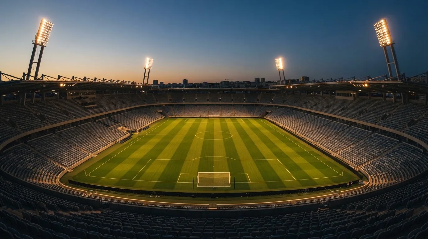 An empty football stadium with floodlight masts at dusk