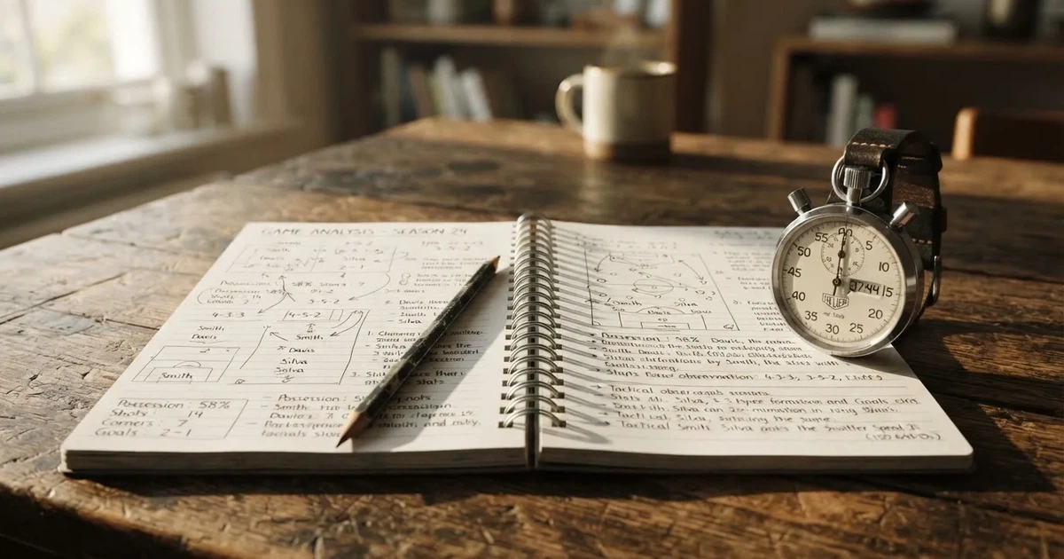An open notebook with a pencil and a stopwatch on a wooden table