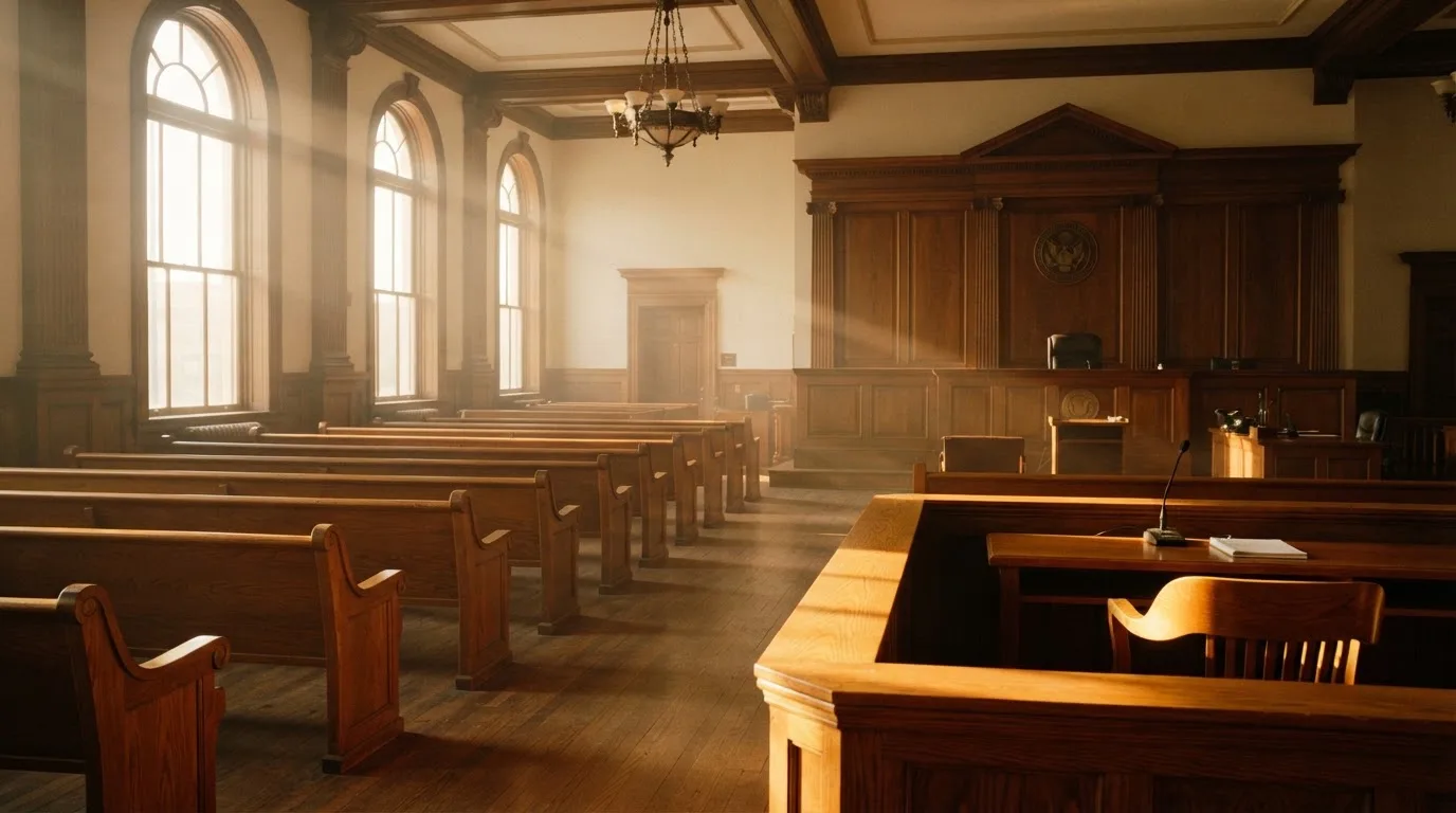 An empty courtroom with wooden benches in morning light