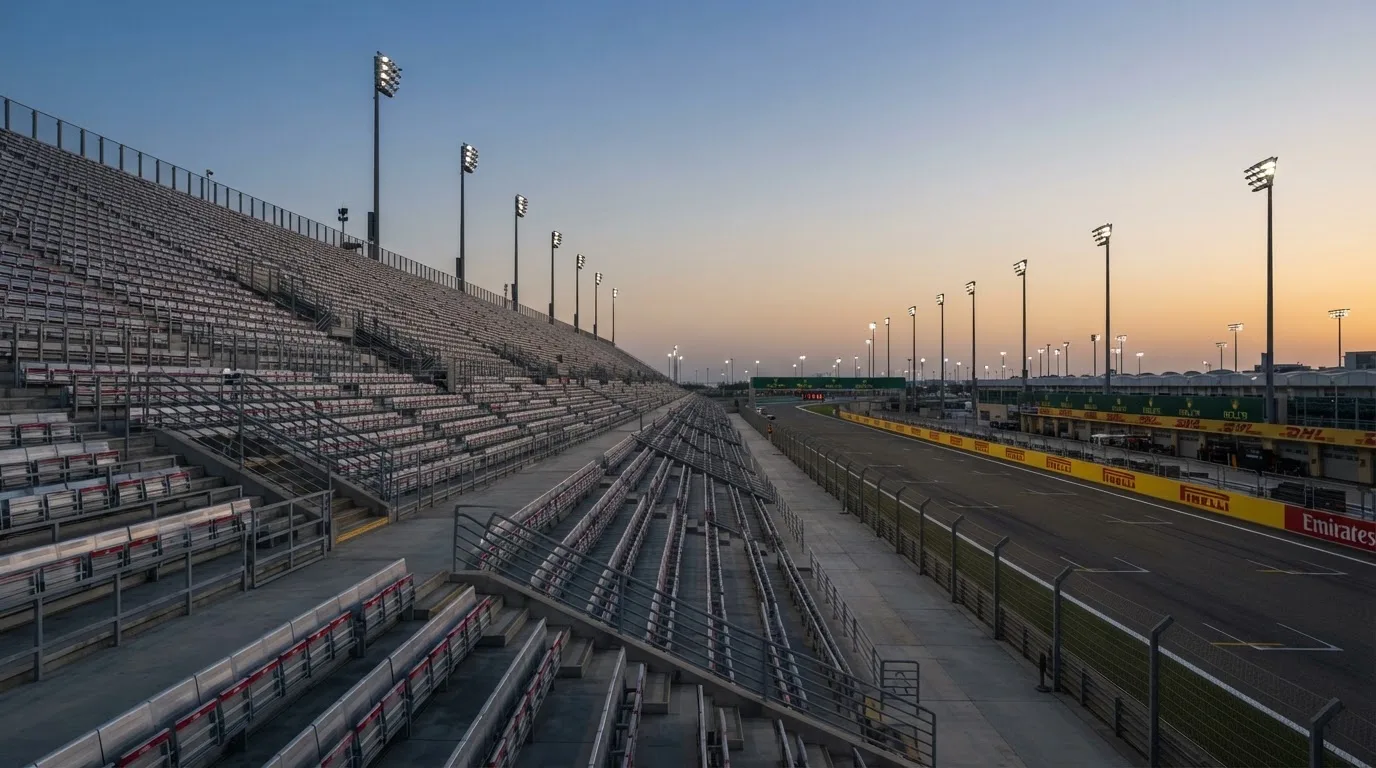 An empty football stadium with floodlight masts at dusk