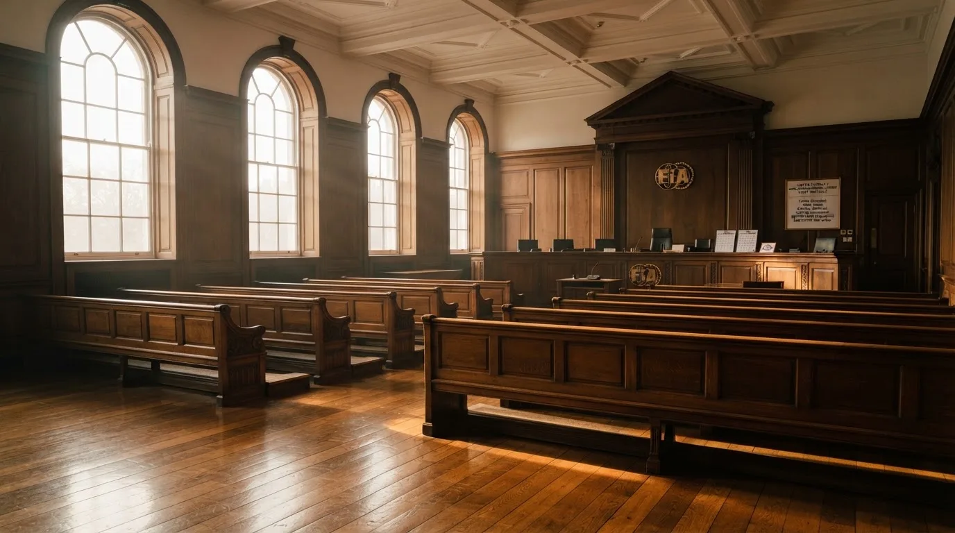 An empty courtroom with wooden benches in morning light