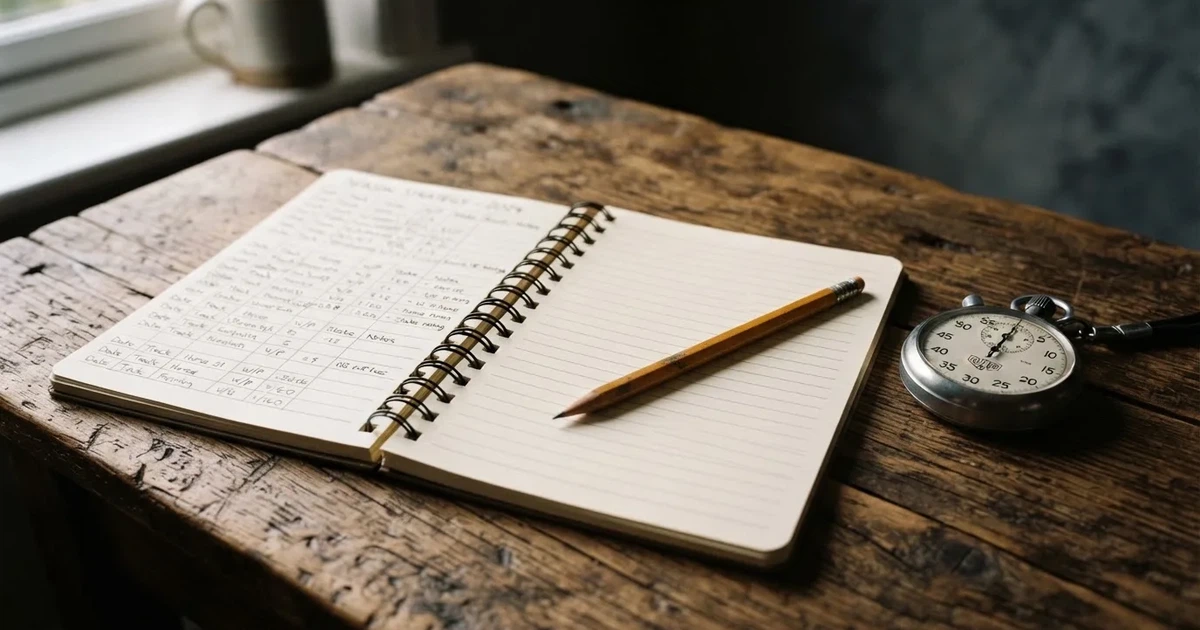 An open notebook with a pencil and a stopwatch on a wooden table