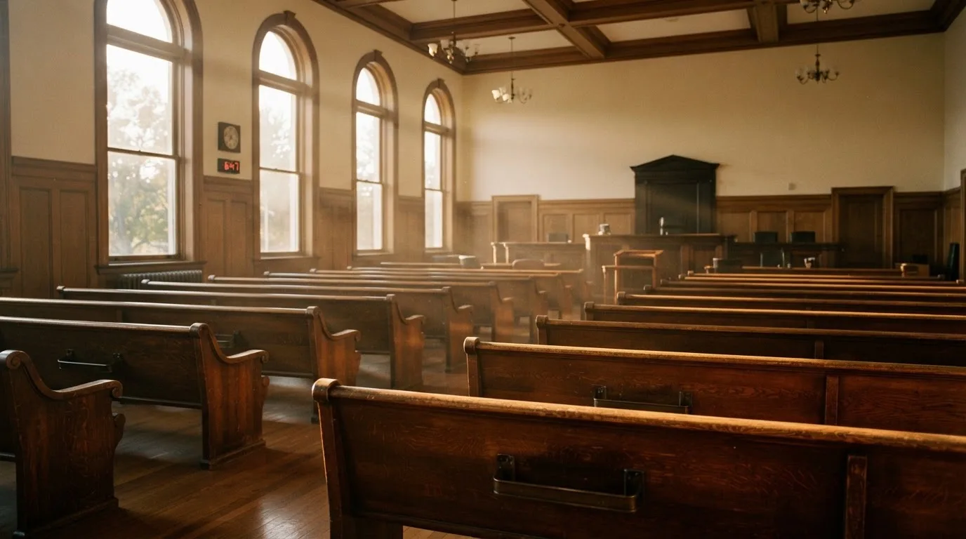 An empty courtroom with wooden benches in morning light