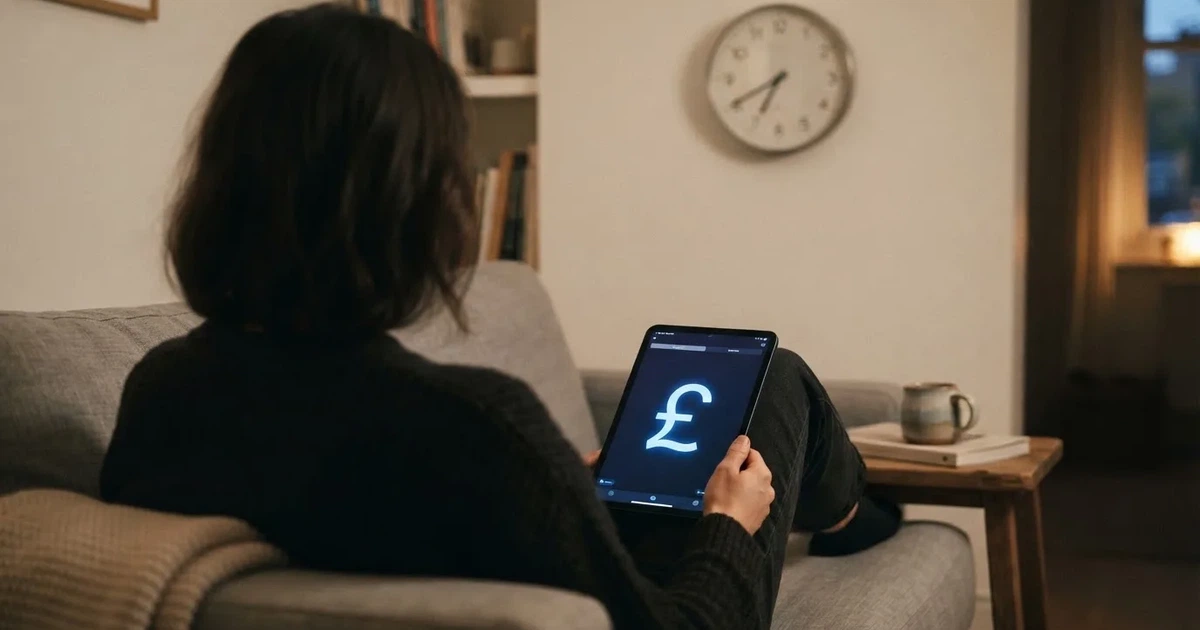 A person on a sofa looking thoughtfully at a tablet, a wall clock in the background