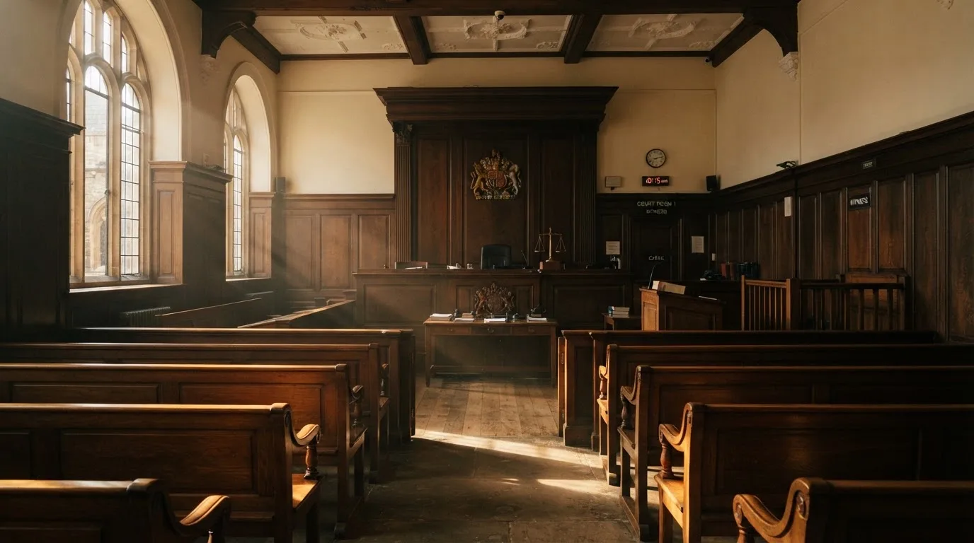 An empty courtroom with wooden benches in morning light