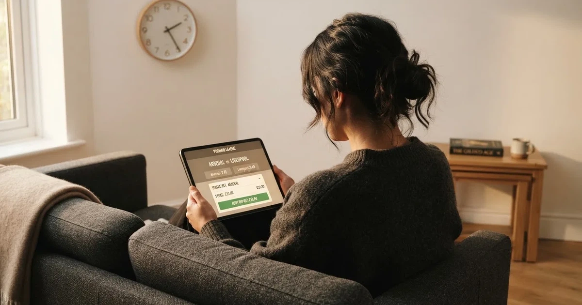 A person on a sofa looking thoughtfully at a tablet, a wall clock in the background
