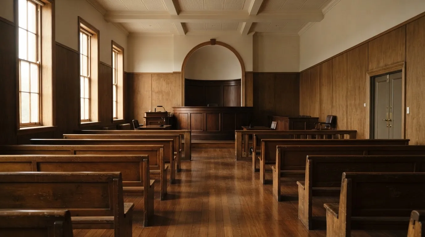 An empty courtroom with wooden benches in morning light