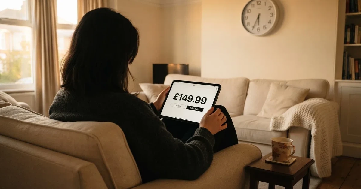 A person on a sofa looking thoughtfully at a tablet, a wall clock in the background