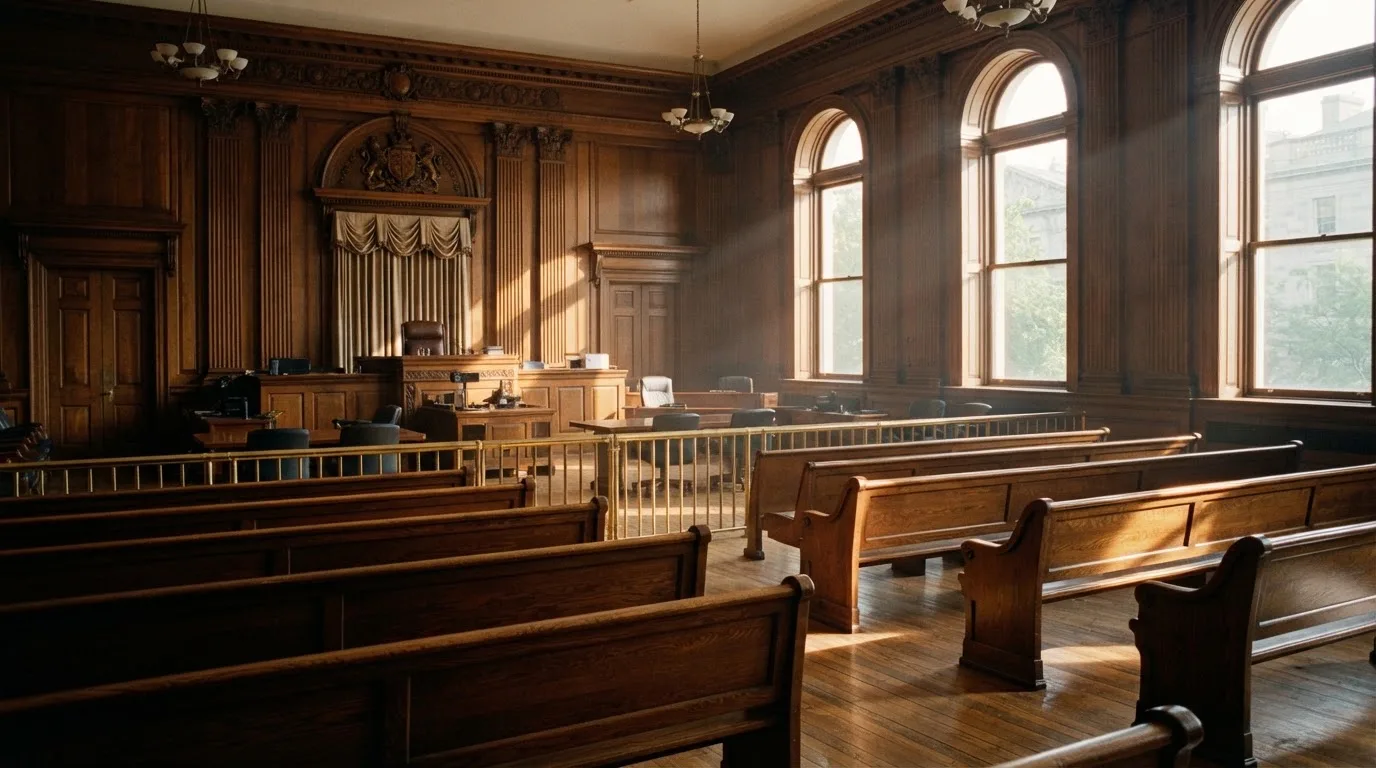 An empty courtroom with wooden benches in morning light