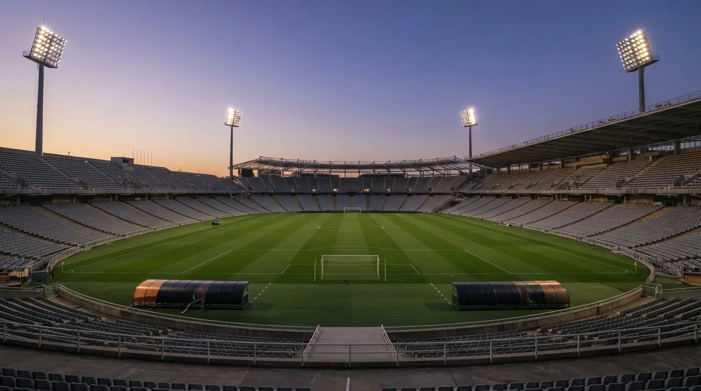 An empty football stadium with floodlight masts at dusk