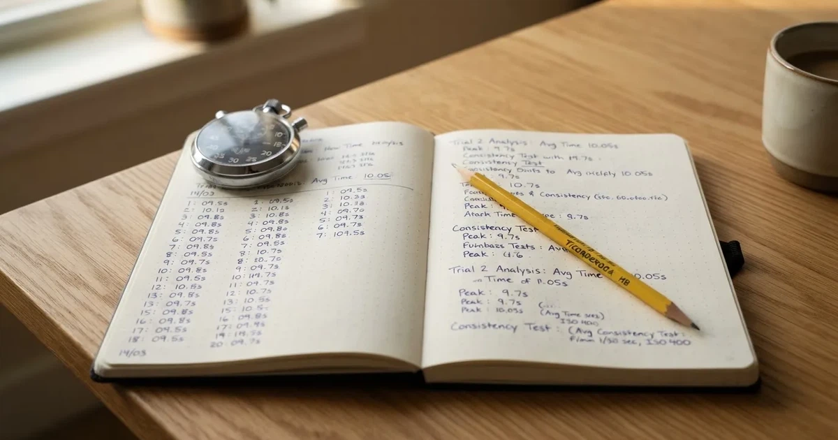 An open notebook with a pencil and a stopwatch on a wooden table