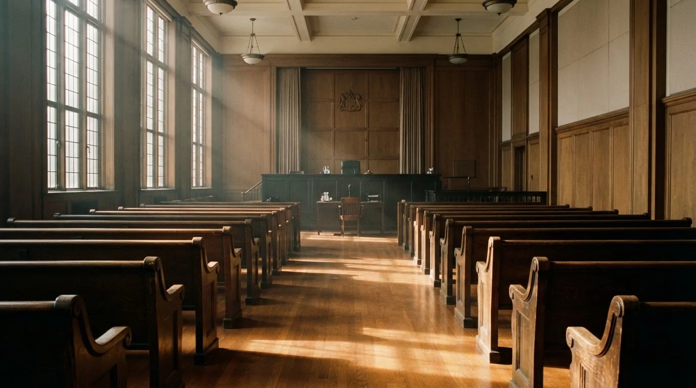 An empty courtroom with wooden benches in morning light