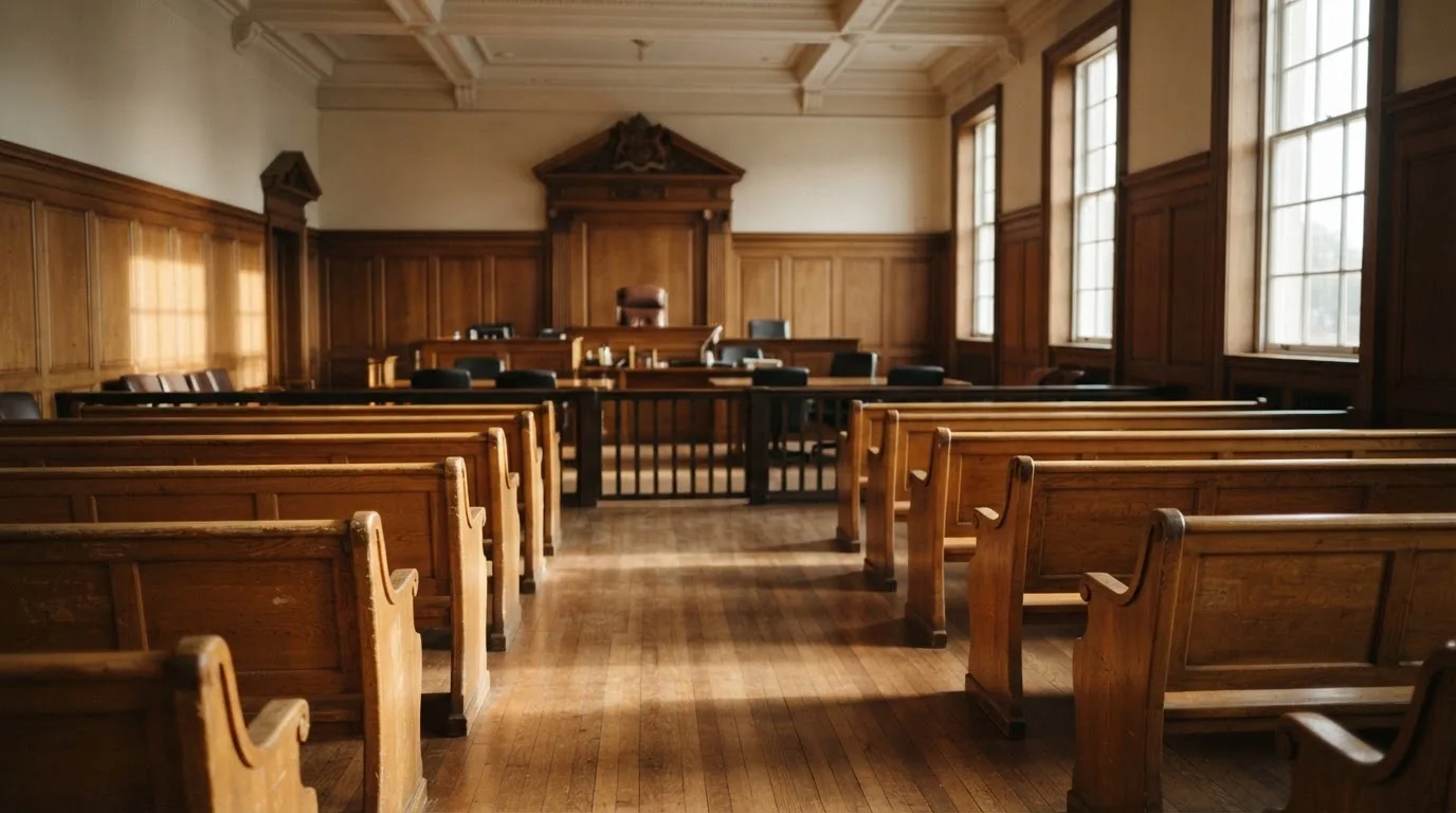 An empty courtroom with wooden benches in morning light
