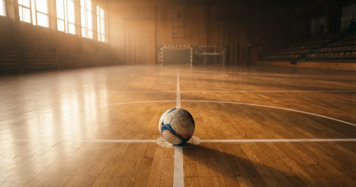 A ball on the centre spot of a grass pitch in morning light