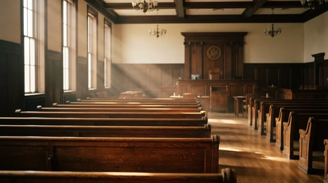 An empty courtroom with wooden benches in morning light