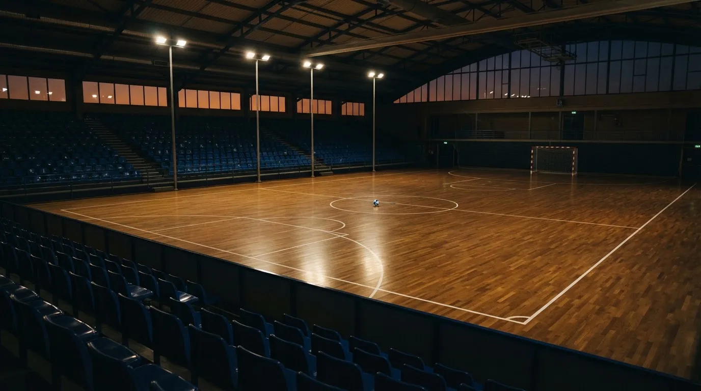 An empty football stadium with floodlight masts at dusk
