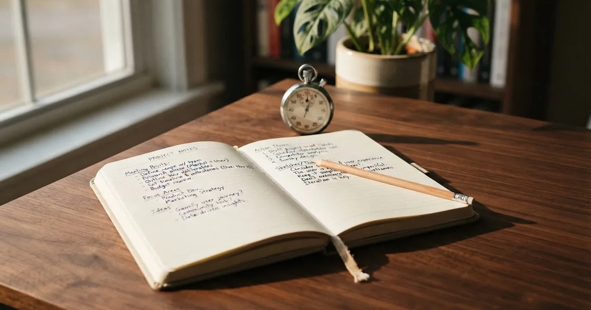 An open notebook with a pencil and a stopwatch on a wooden table