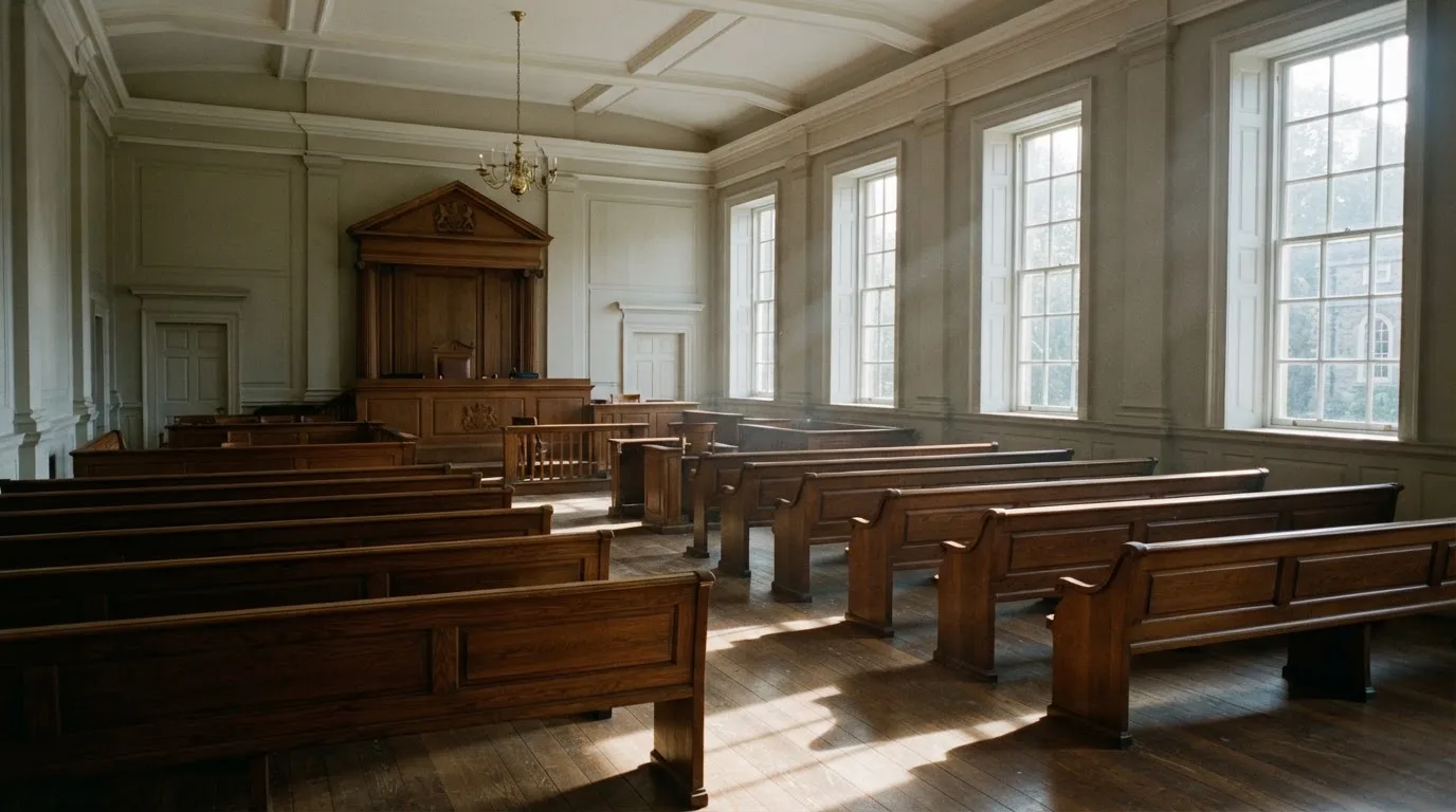 An empty courtroom with wooden benches in morning light