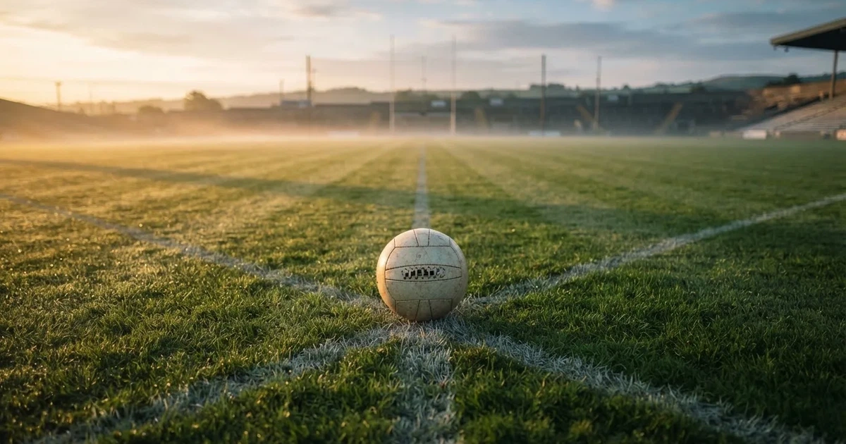 A ball on the centre spot of a grass pitch in morning light