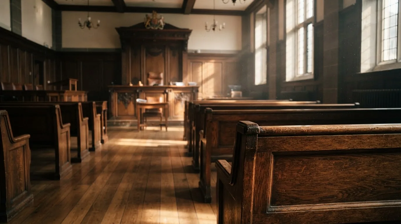 An empty courtroom with wooden benches in morning light