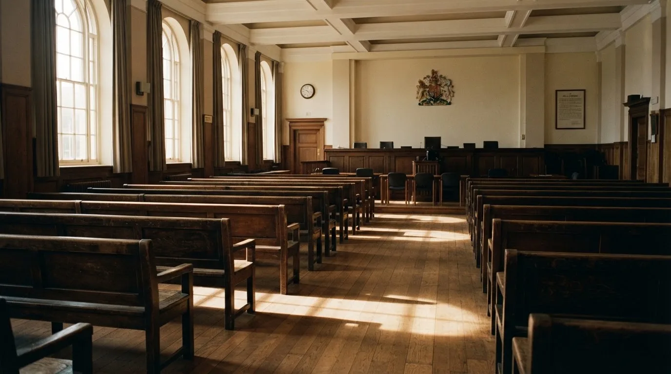 An empty courtroom with wooden benches in morning light