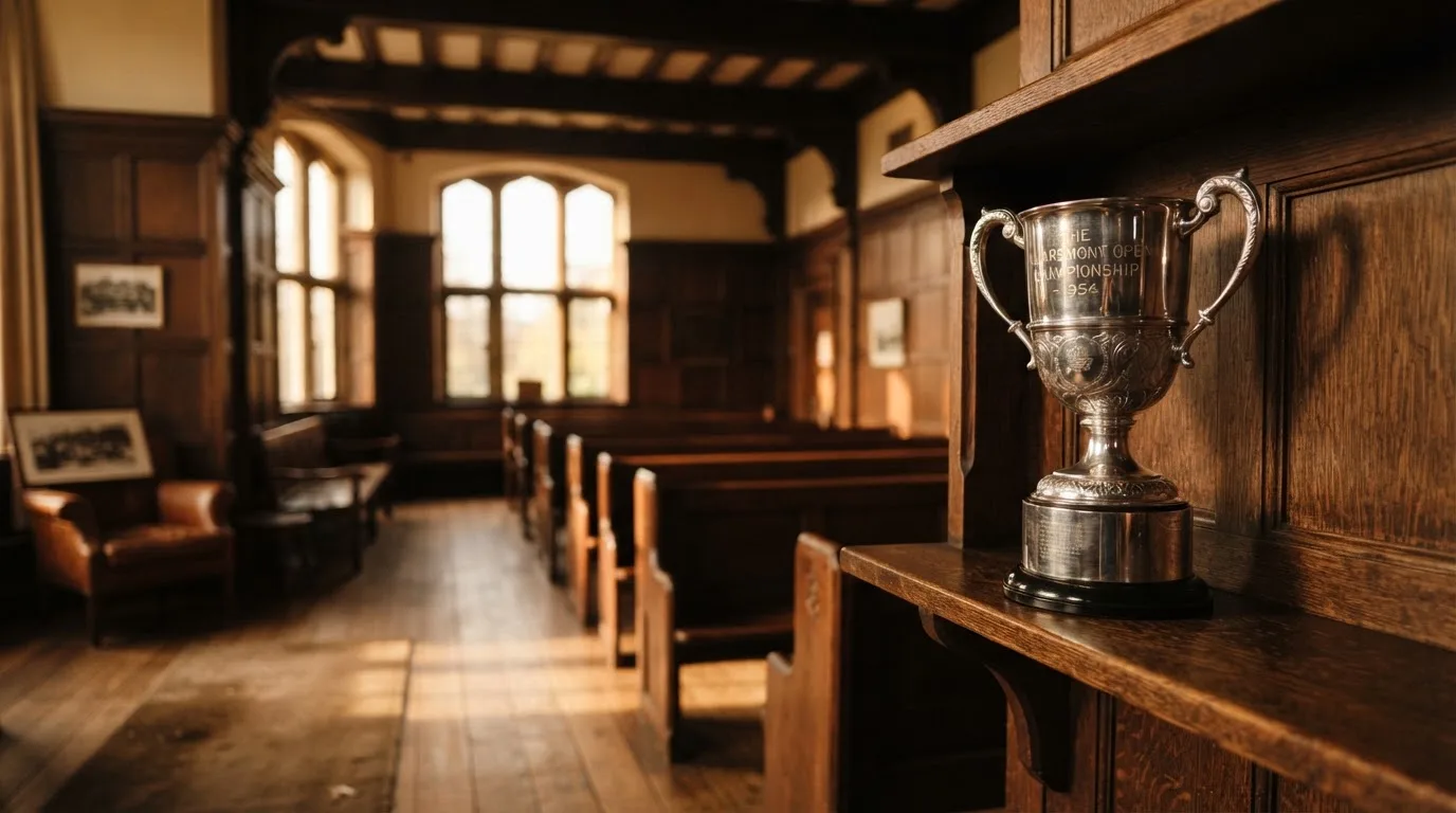 An empty courtroom with wooden benches in morning light