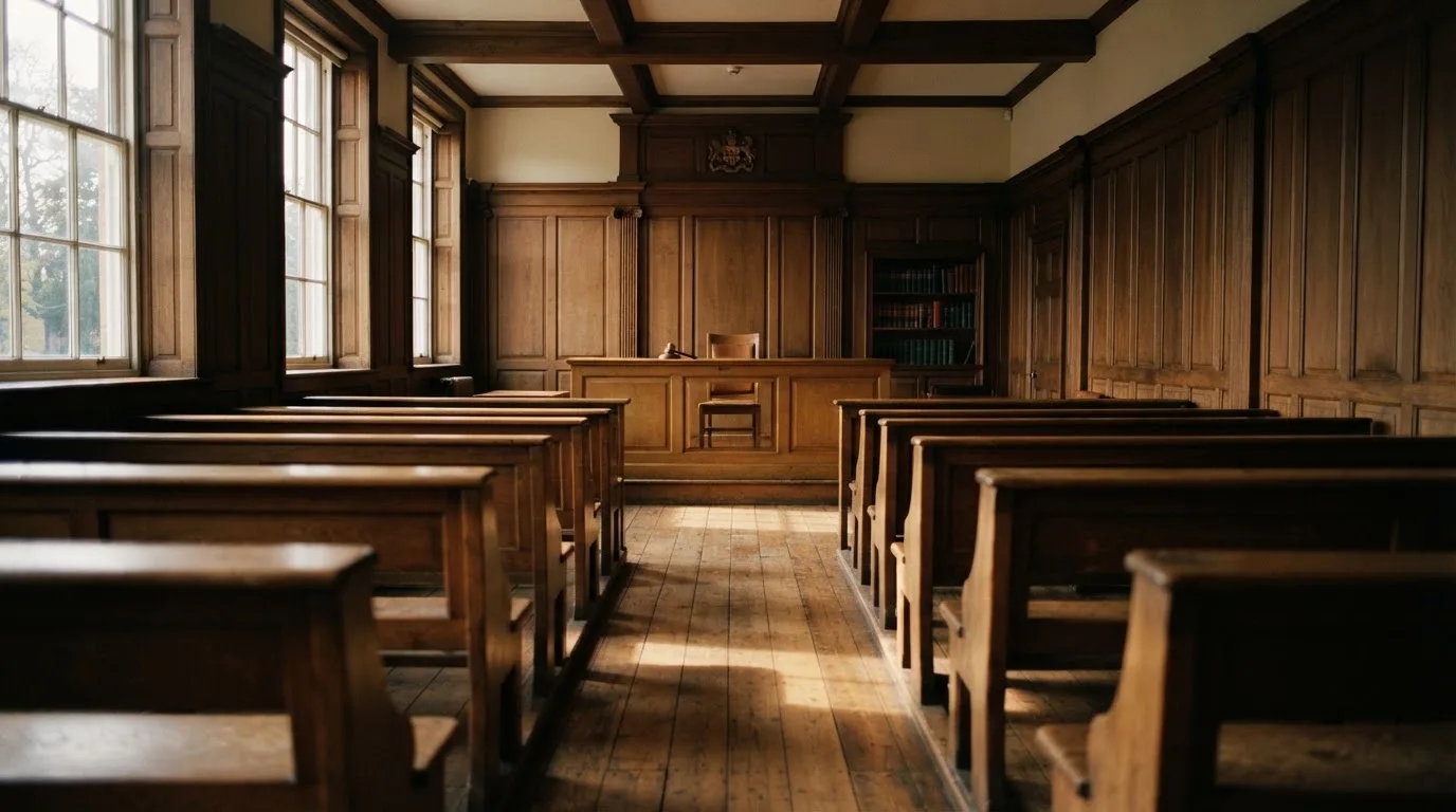 An empty courtroom with wooden benches in morning light