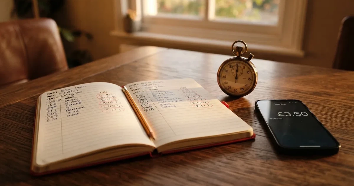 An open notebook with a pencil and a stopwatch on a wooden table