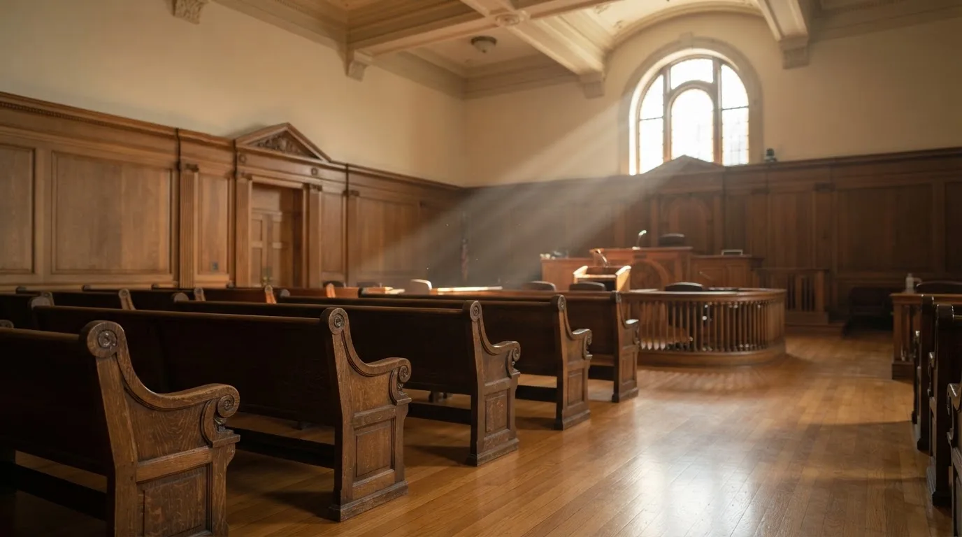 An empty courtroom with wooden benches in morning light