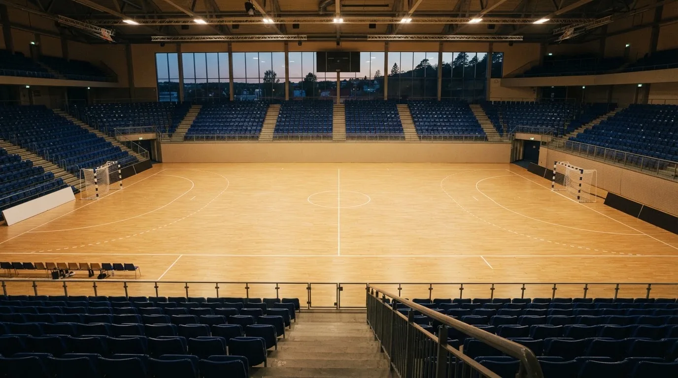 An empty football stadium with floodlight masts at dusk