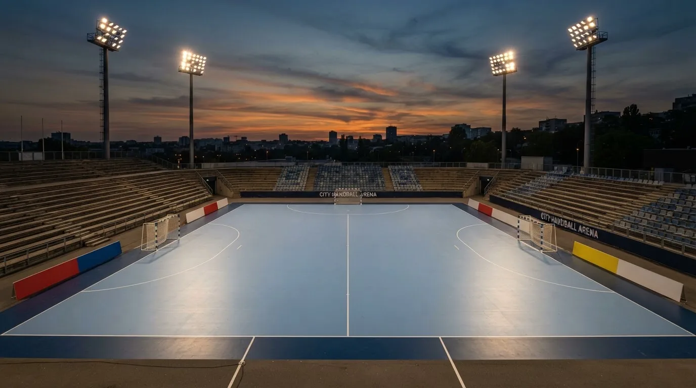 An empty football stadium with floodlight masts at dusk