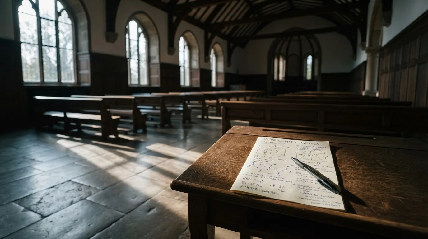 An empty courtroom with wooden benches in morning light