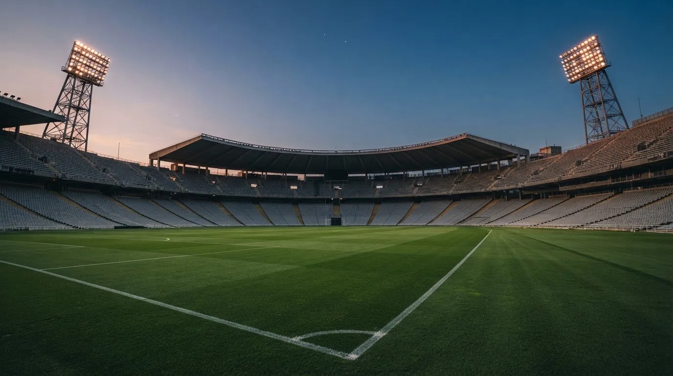 An empty football stadium with floodlight masts at dusk