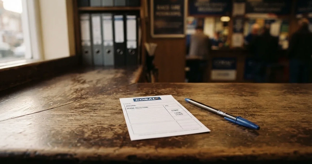 A blank paper betting slip beside a pen on a wooden counter