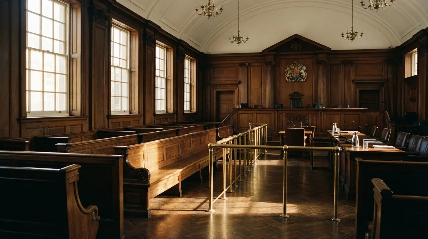 An empty courtroom with wooden benches in morning light