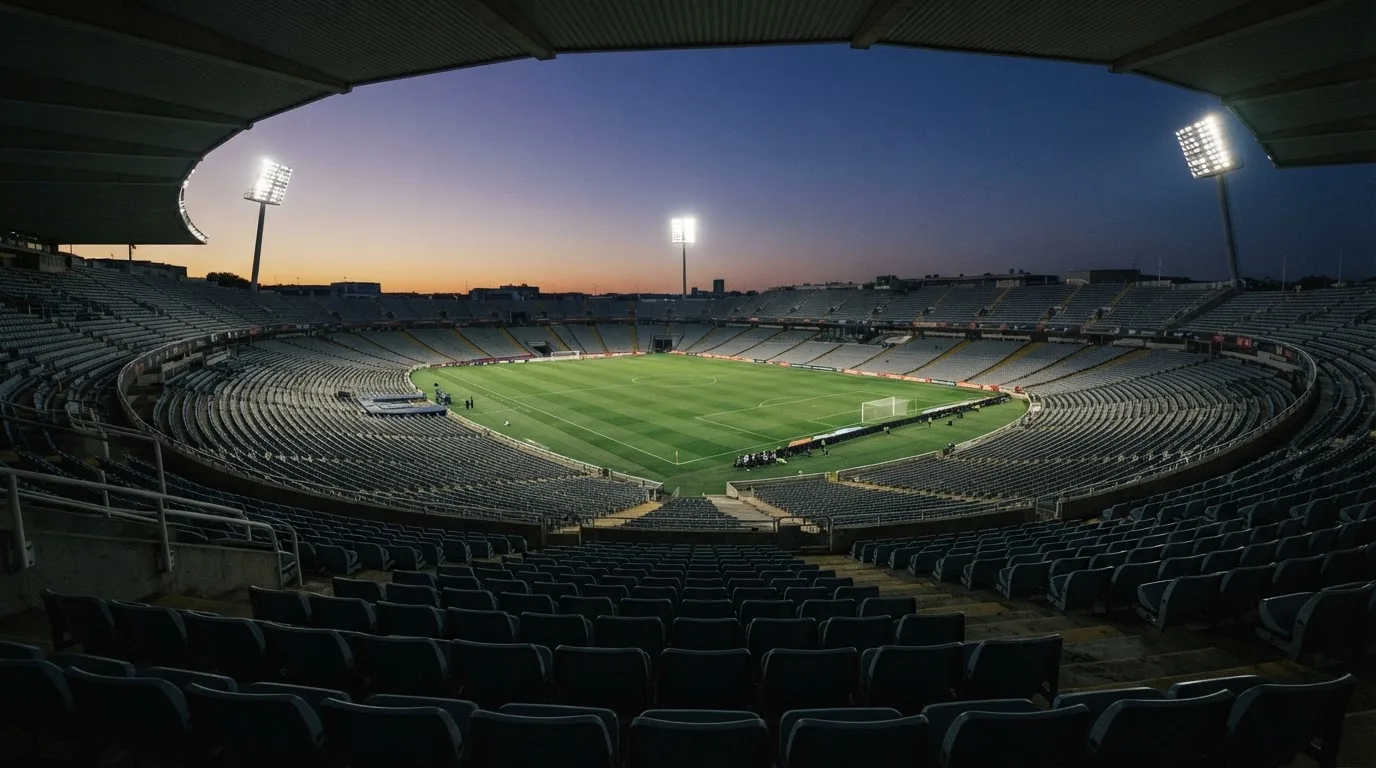An empty football stadium with floodlight masts at dusk