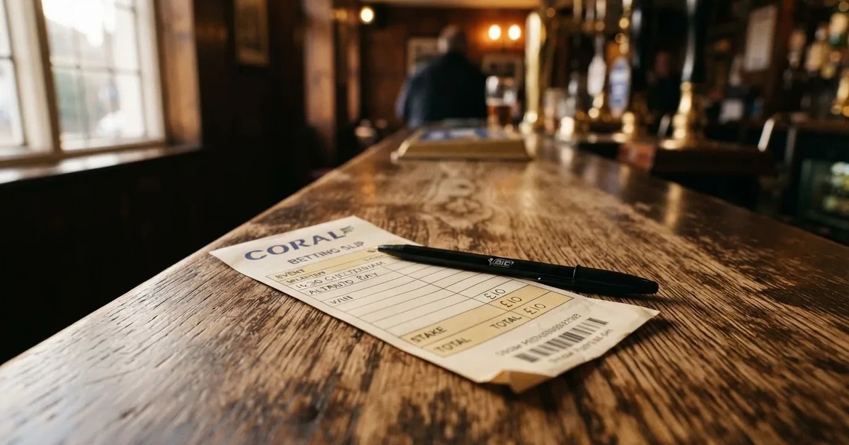 A blank paper betting slip beside a pen on a wooden counter