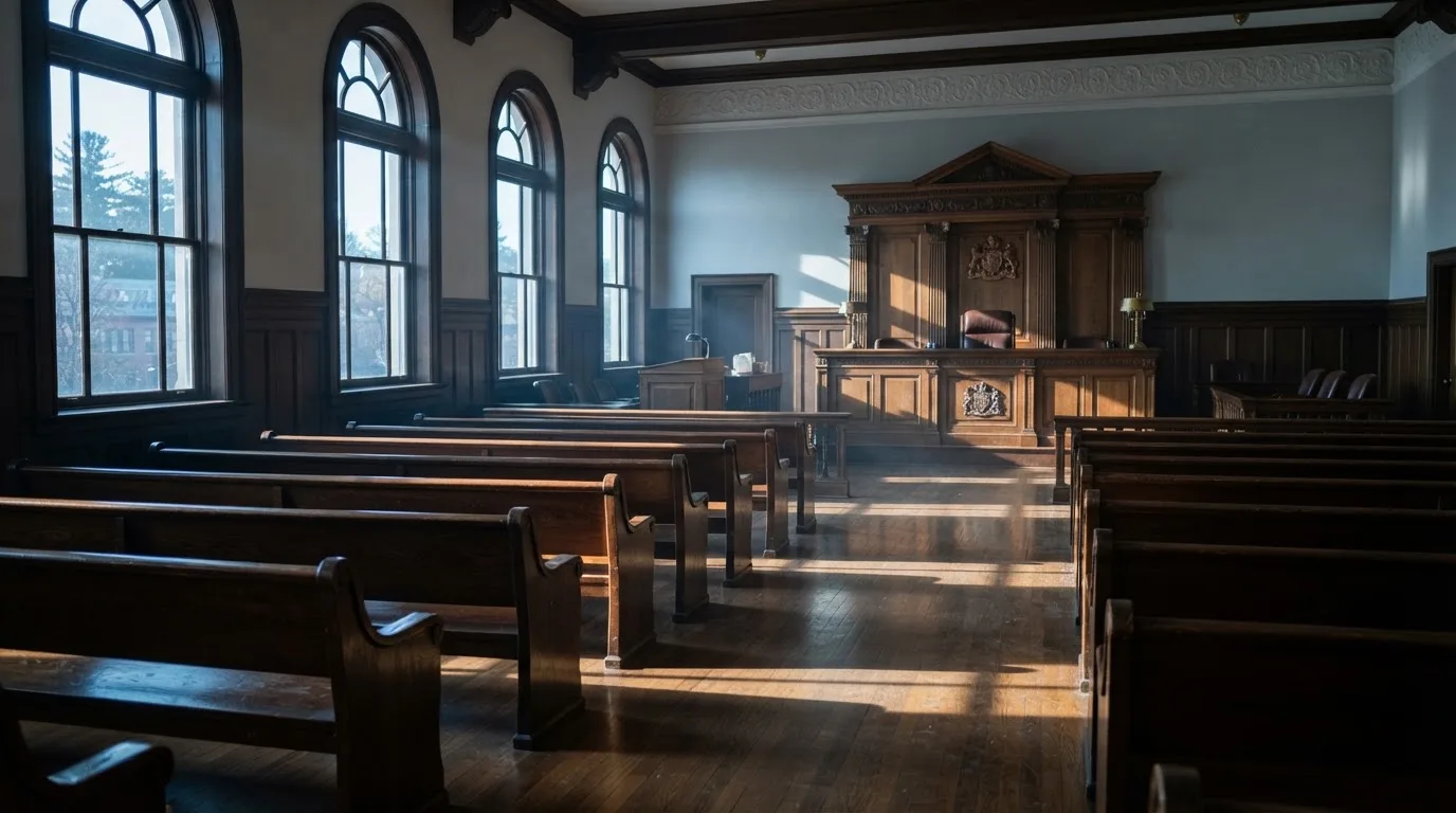 An empty courtroom with wooden benches in morning light
