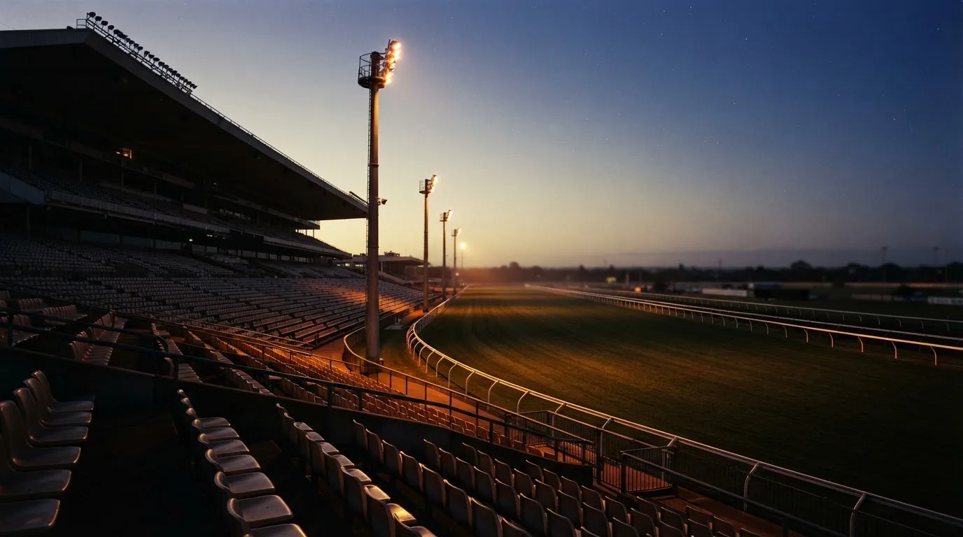 An empty football stadium with floodlight masts at dusk