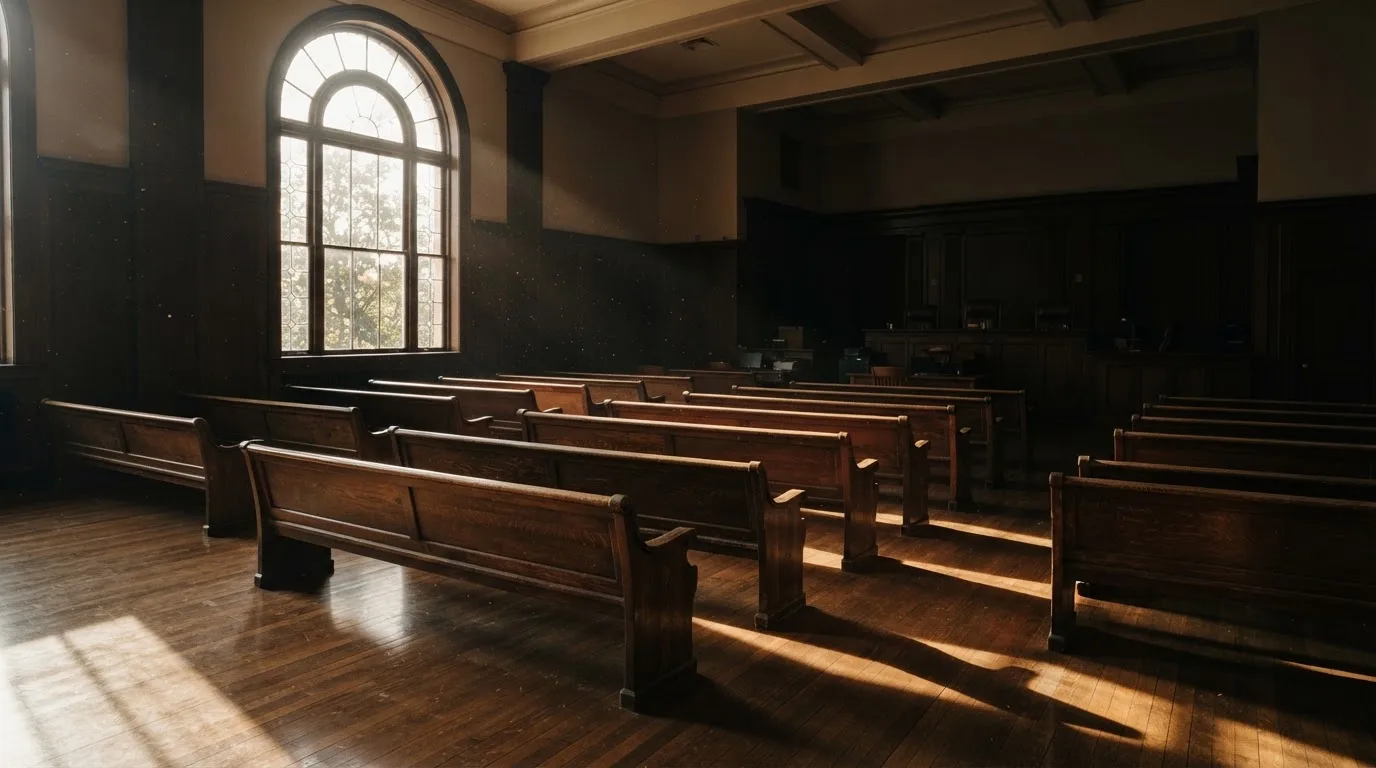 An empty courtroom with wooden benches in morning light