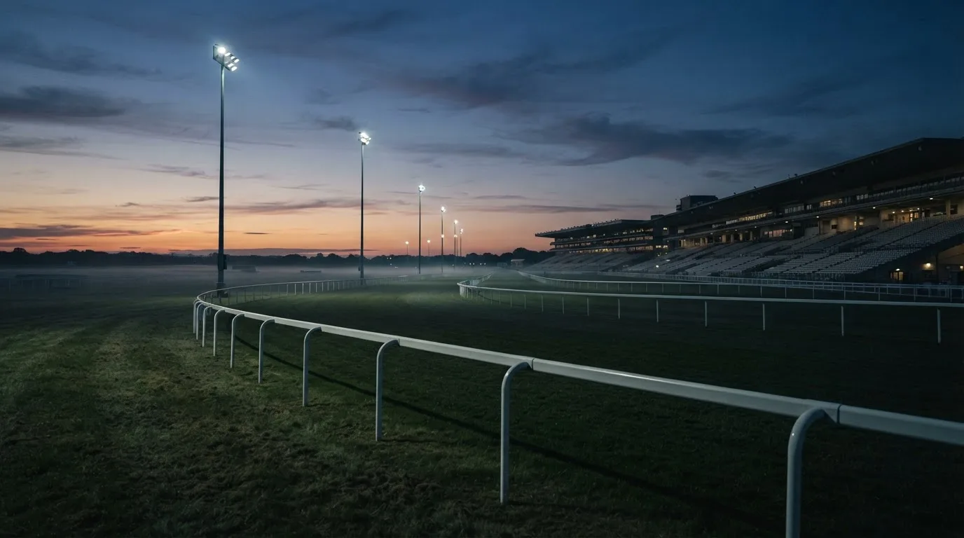 An empty football stadium with floodlight masts at dusk