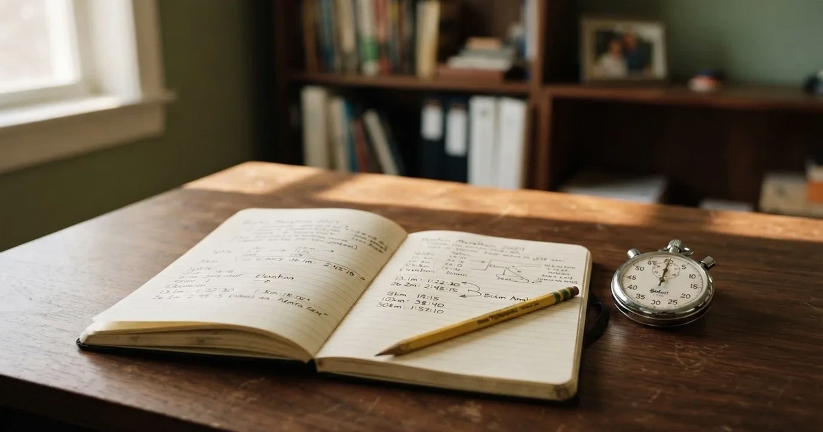 An open notebook with a pencil and a stopwatch on a wooden table