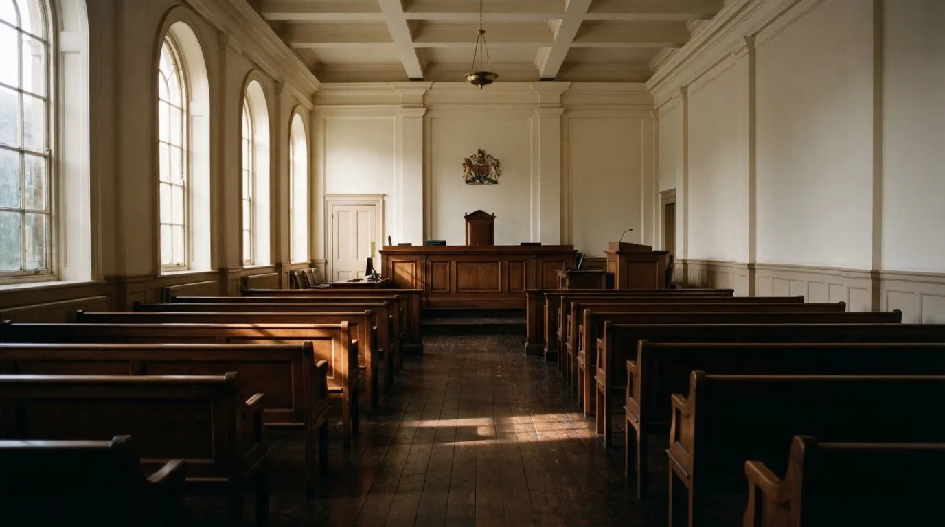 An empty courtroom with wooden benches in morning light