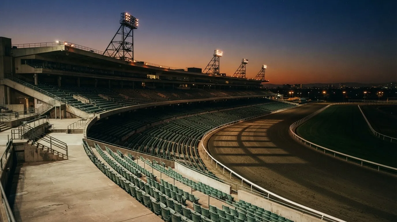 An empty football stadium with floodlight masts at dusk